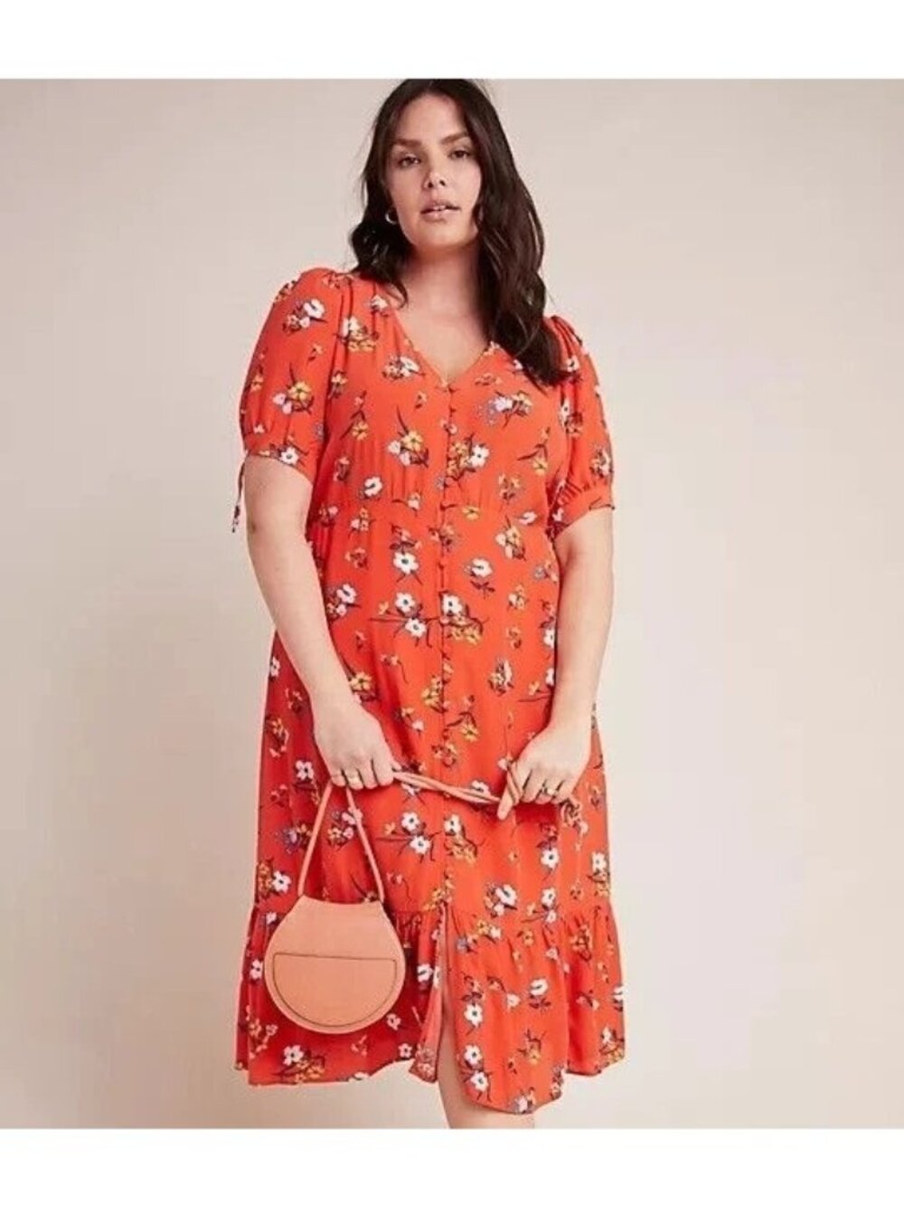 Maeve By Anthropologie Eudora Midi Dress Size 22W Button Front Orange Floral